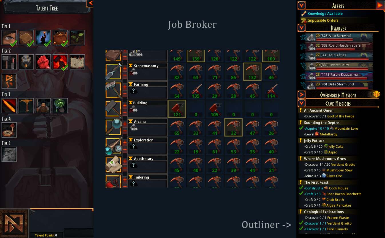 Talent Tree, Job Broker and the Outliner with Cave Missions etc